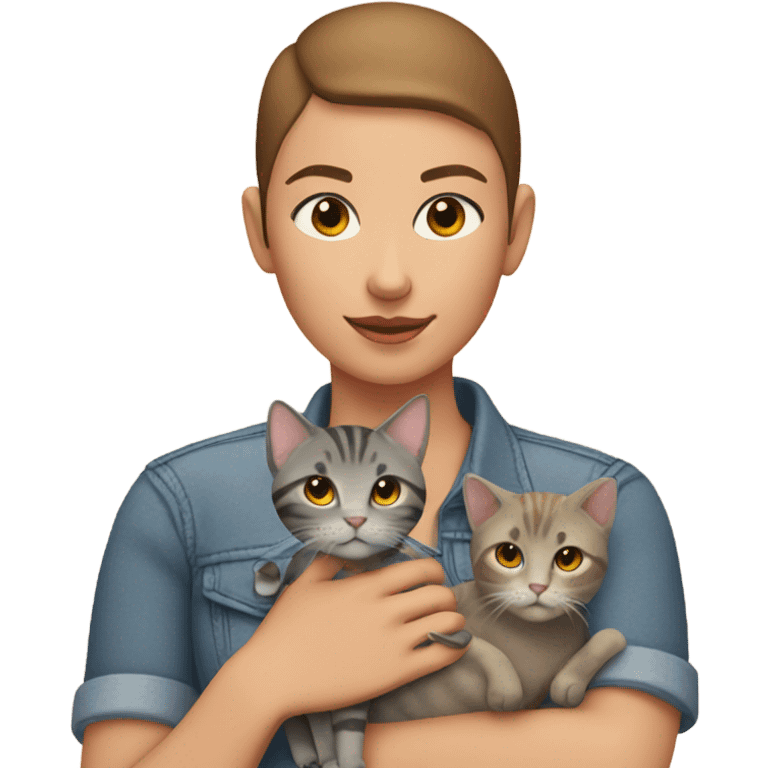 girl with buzzcut with one grey tabby cat and one brown and orange cat emoji