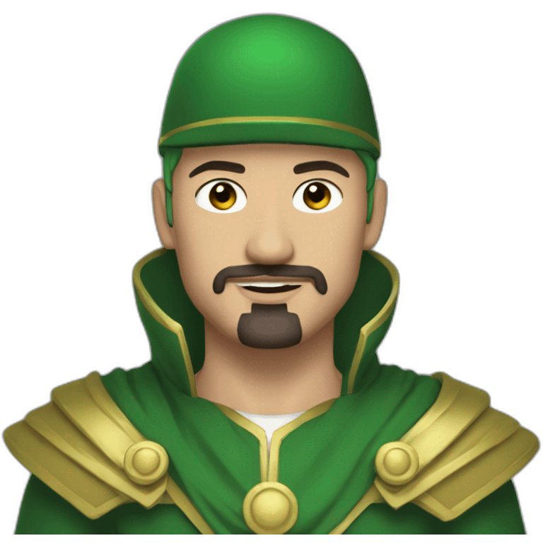 man with green hair green suit and large green top with gold strip hat goatee green cape emoji