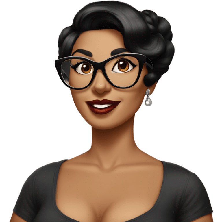 pin-up brown woman with black hair wearing 50s cat eye glasses  emoji