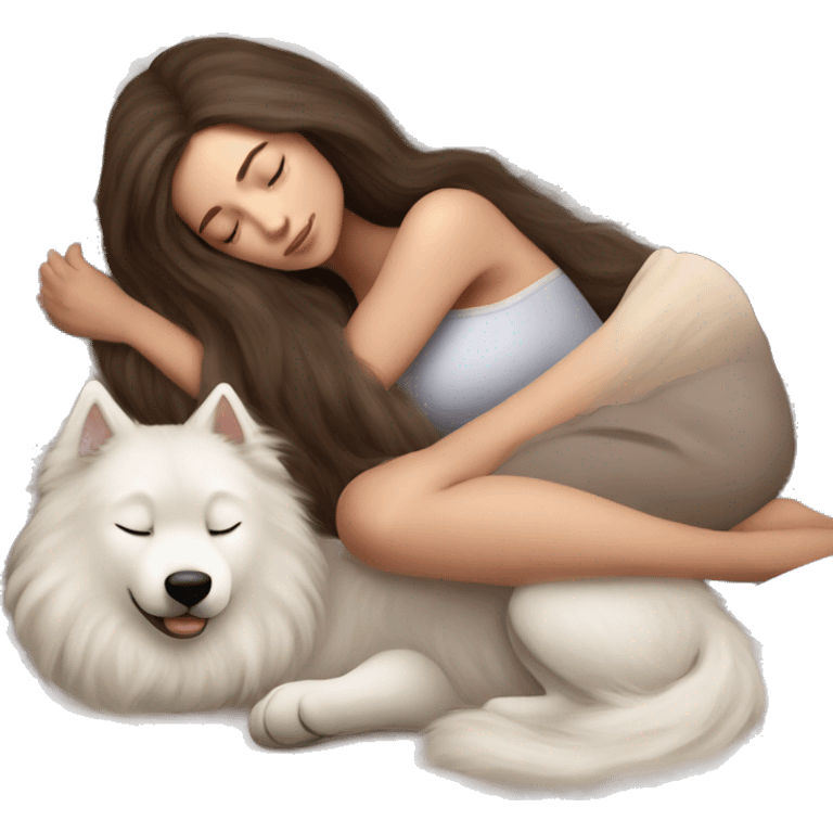 Slavic white girl brunette with long hair sleeping in bed with the Samoyed  emoji