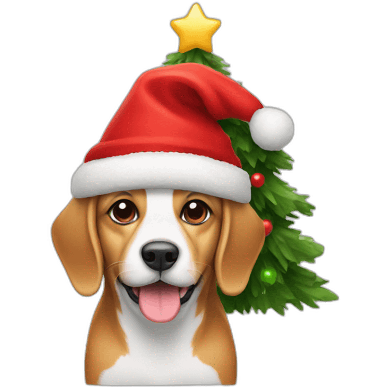 a dog in a red hat with a Christmas tree emoji