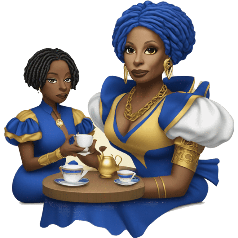 Attitude drinking tea Mary j blige with blue and gold locs wearing a royal blue and gold dress  emoji