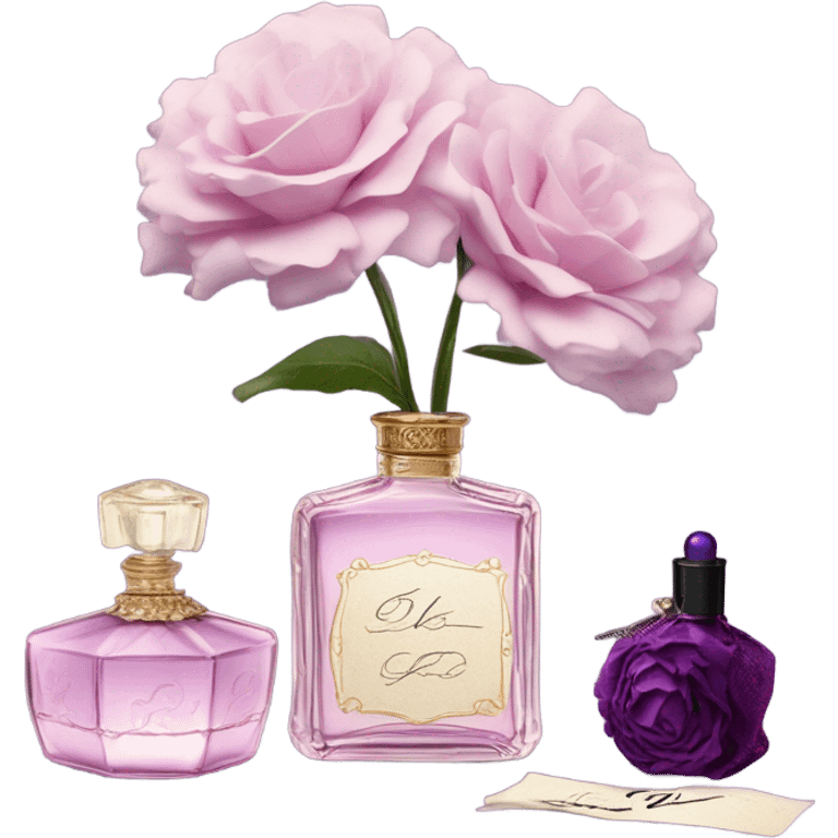 Aesthetic showcase of light pink stock flowers, a vintage-inspired violet perfume bottle, an emotional love note, and a purple silk bookmark. emoji