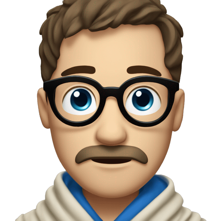 Pale Guy, dark brown narrow hair, moustache and stubble, blue eyes, round glasses, covered in blanket emoji