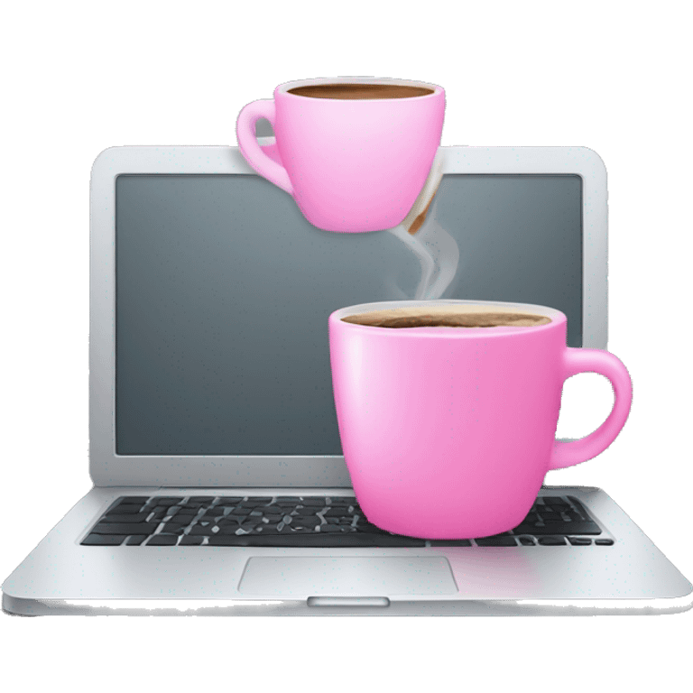 a grey laptop with a pink cup of coffee emoji