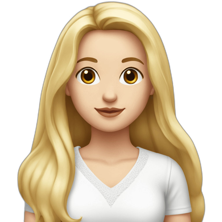 caucasian girl, long straight blonde hair, glossy white v-neck laced top emoji