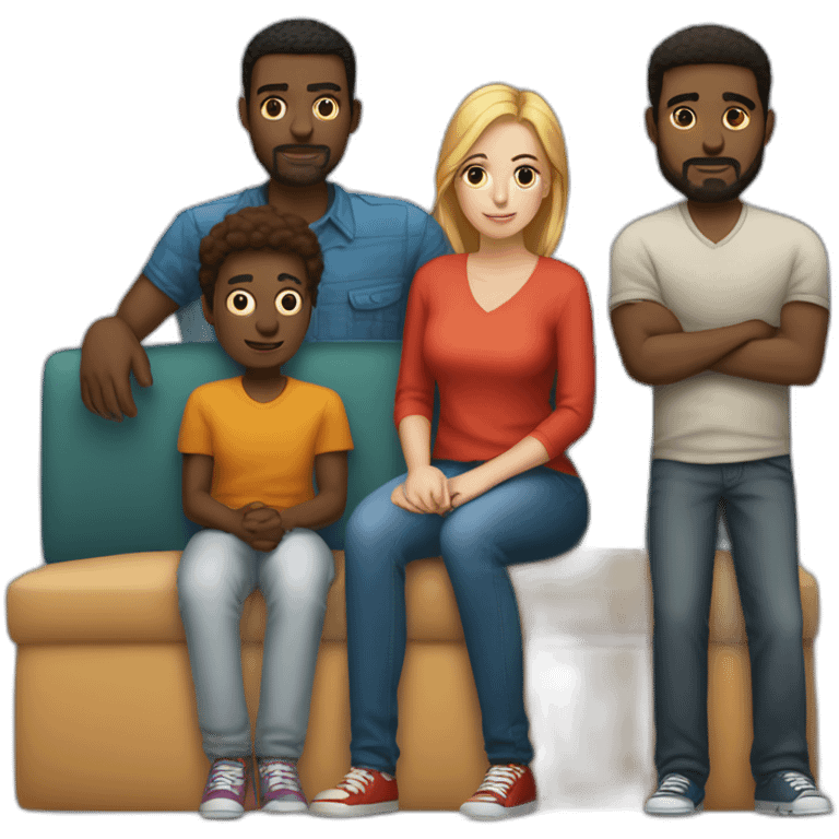 5 afroamerican men standing behind a couch on which a single young white woman sits alone and noone besides her sits there emoji