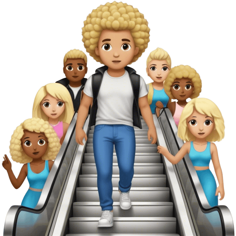 TikTok brown skinned influencer with blonde fro hawk, TheBlondeJon Aka Jon Madrid (who looks kinda like his brother josh king madrid) is going down escalator stairs partying with bunch of girls  emoji