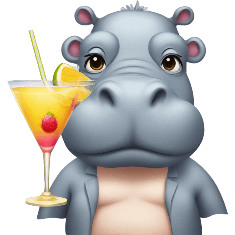 hippo wearing a wig, swimsuit and makeup  with a cocktail emoji