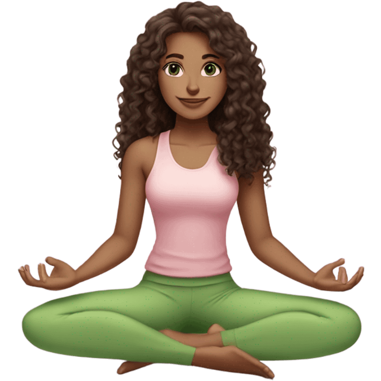 Dark brown long curly hair and green eyes yoga beautiful young woman in light pink pink pink clothes sitting on a yoga mat emoji