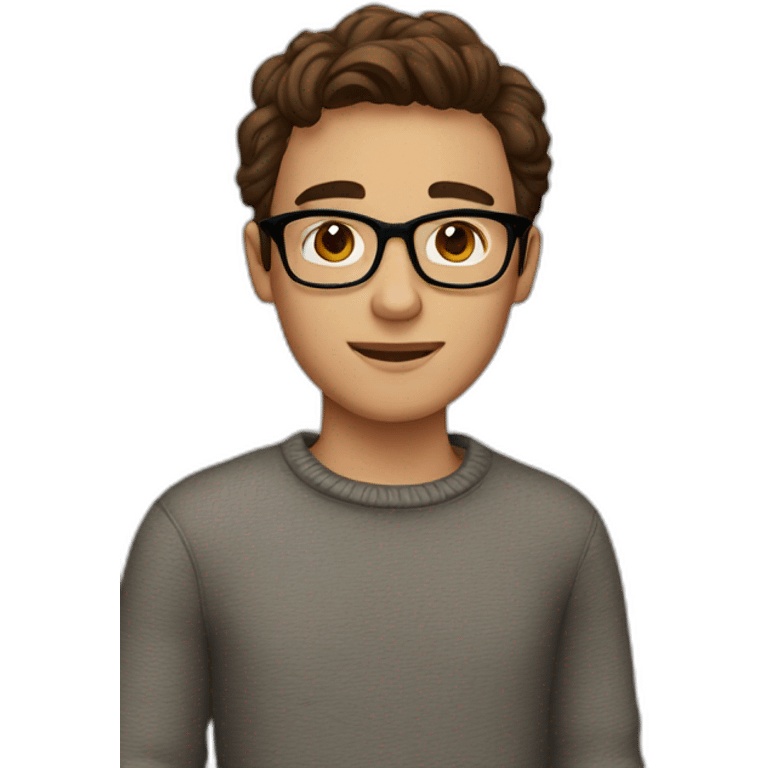 A young man with brown eyes and brown hair, glasses and a sweater emoji