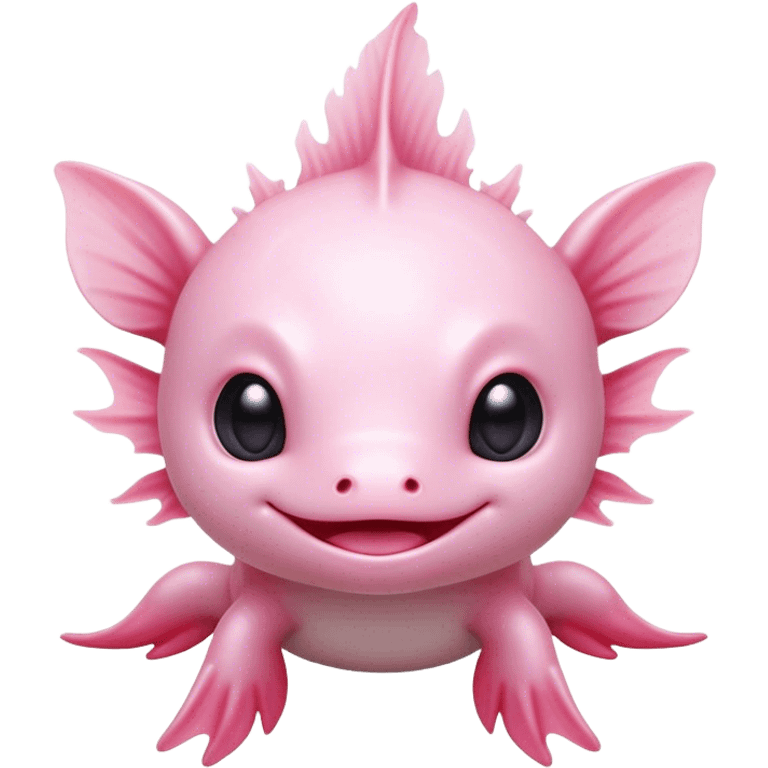 Cinematic Cute Axolotl Portrait Emoji, Head tilted playfully and inquisitively, featuring smooth, pale pink skin with delicate feathery gills and round, sparkling dark eyes filled with curiosity, Simplified yet irresistibly adorable features, highly detailed, glowing with a warm, magical glow, high shine, affectionate and quirky, stylized with a touch of whimsy, bright and endearing, soft glowing outline, capturing the essence of a mischievous yet charming aquatic friend, so playful it feels like it could swim out of the screen and into your heart! emoji