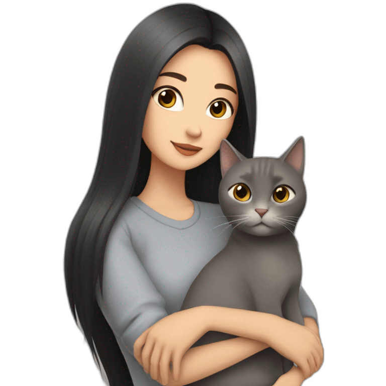 beautiful woman with dark long straight hair and brown eyes hugs a grey cat  emoji