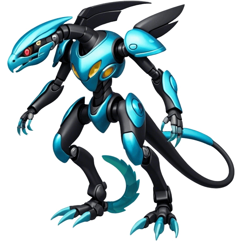 Shiny Dark Futuristic Celestial Glossy-Metallic-Alloy Cyborg-Fakemon-Pokemon-Digimon-Spectrobes-Raptor-fusion, full body, four legs, black body, cyan accents, scales emoji