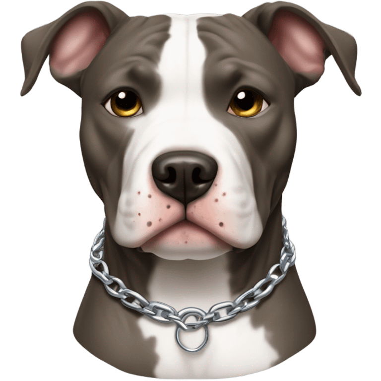 American pitbull terrier with a brindle coat and white down middle of his face and chest. He has a silver chain link collar emoji