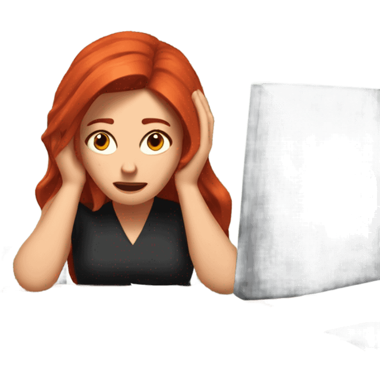 red hair woman glass frustrated desk monitor stack paper emoji