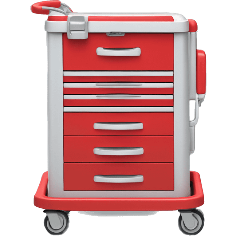 Singular Red medical crash cart is a mobile, multi-drawer unit designed to store and organize emergency medical supplies and equipment and a cardiac defibrillator on top emoji