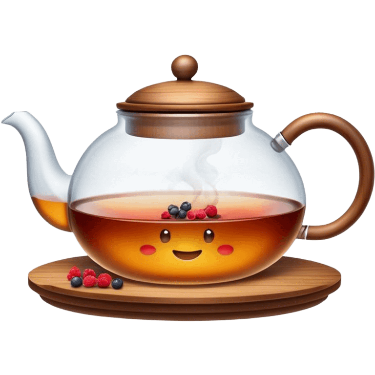 A cinematic realistic emoji with an attractive image of a steaming transparent teapot with a wooden lid filled with tea with berries, rich texture and warm, festive lighting. emoji