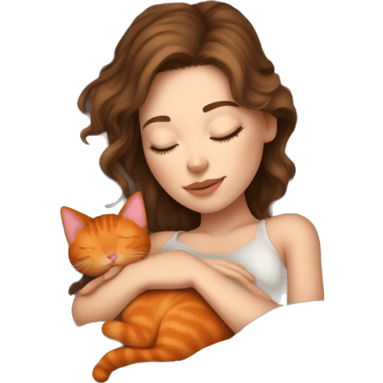 White girl brown hair sleeping on bed with orange kitty emoji