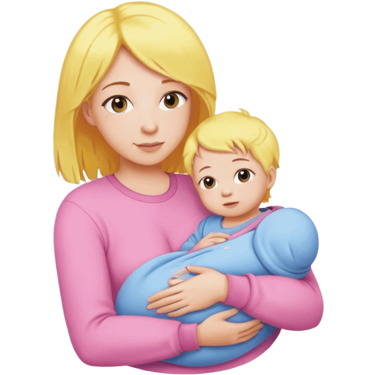 Mother with yellow hair and pink clothes, holding baby in blue clothes emoji