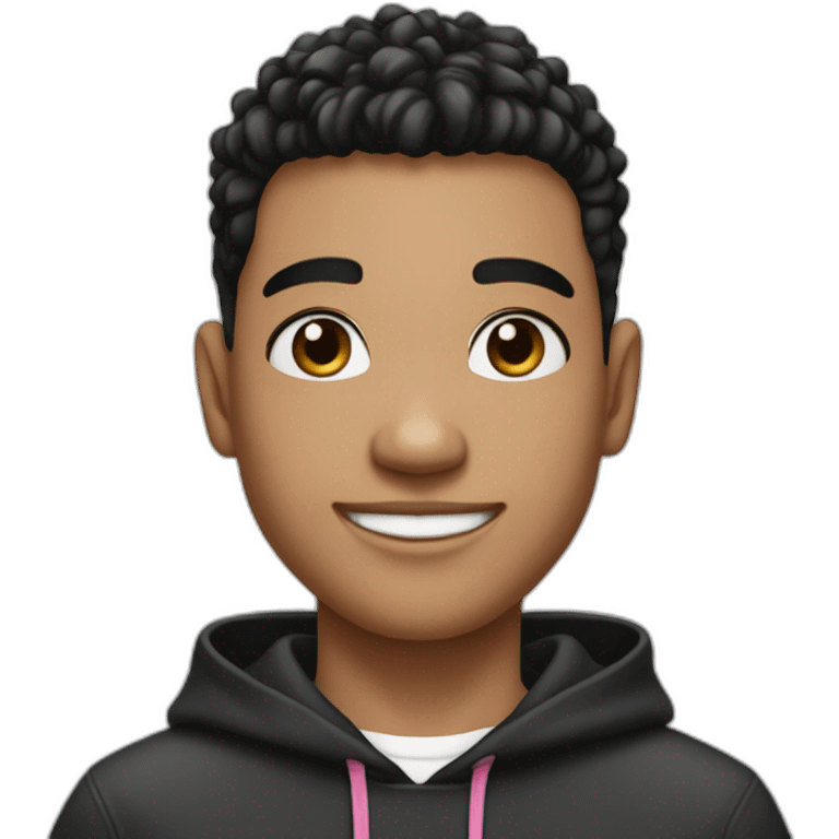 a white boy with taper fades hairstyle, smiling, with black har, black eyebrown, black eyes, in a hoddie with white teeth and pink lips emoji