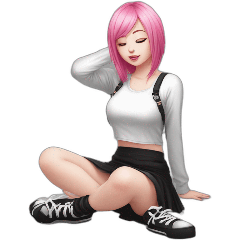 Full body Front view curvy emo girl pink hair sits on the floor straight view hands up black skirt белые трусики полосатые рваные чулки emoji