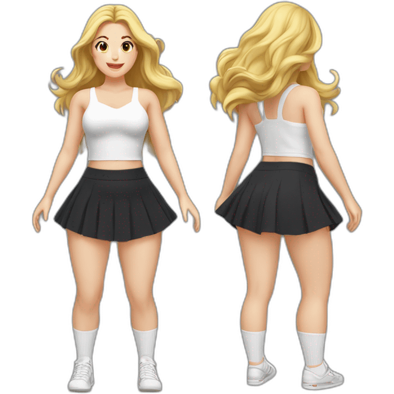 full-body-caucasian-curvy-beauty-jumping-short-black-skirt-back-and-front-views-strong-wind-white-knickers-long-white-socks emoji