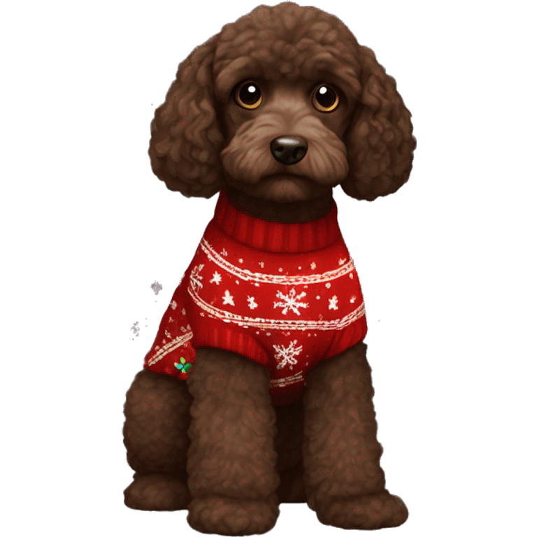 Dark brown cockerpoo wearing a Christmas jumper  emoji