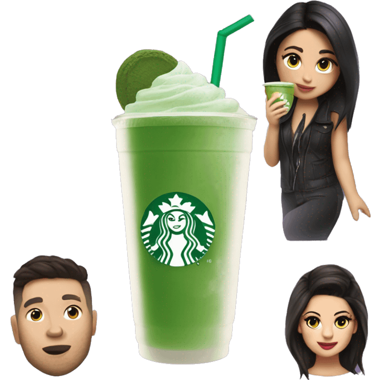 A matcha Drink with ice cubes in a starbucks cup, while selena gomez is holding it emoji