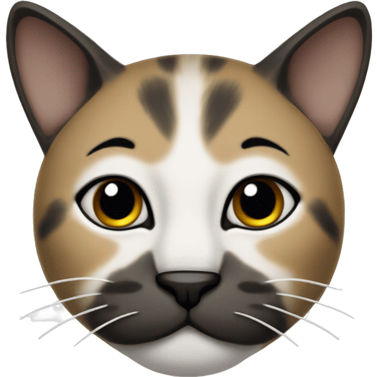 Cat with clear white face, with a black mustache-shaped spot under the nose and a little on nose. Big Dark patches on the forehead and around the ears  emoji