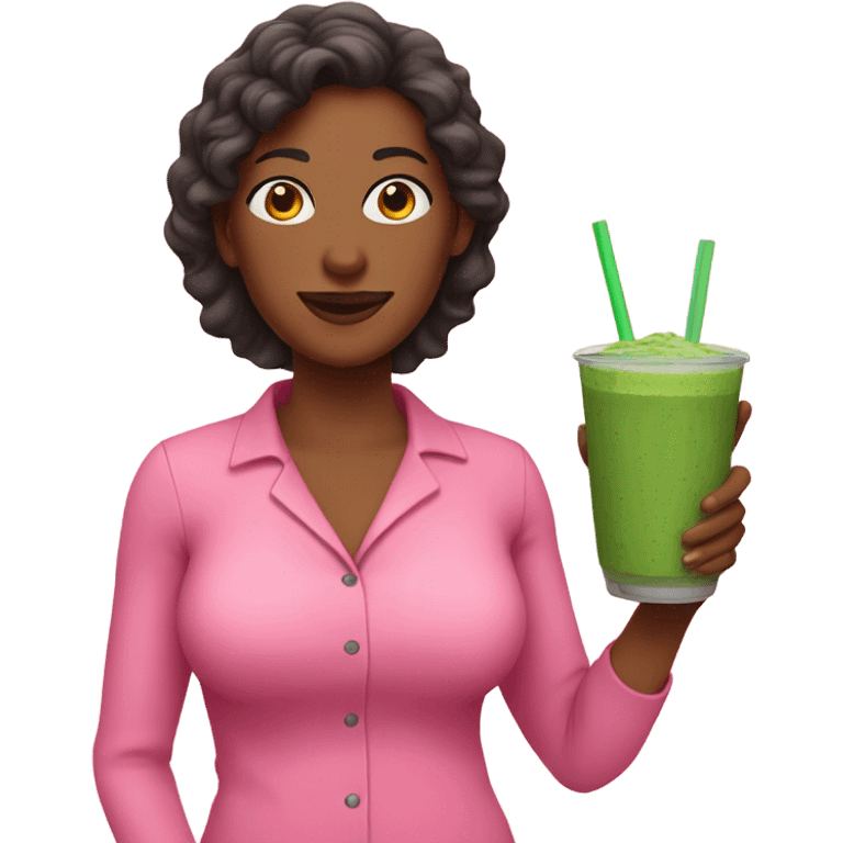 Mom wearing pink set and has a green smoothie emoji