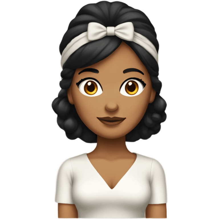 Tanned woman with black hair dressed in 1970s attire, hair, makeup, and  attire with headband  emoji