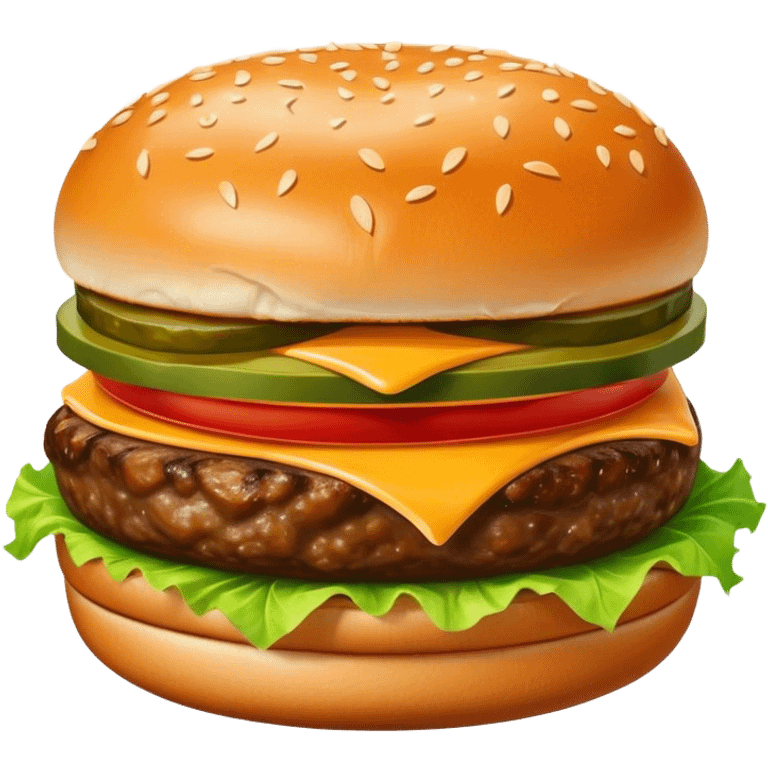 Cinematic juicy cheeseburger, perfectly grilled patty, melted cheese, crisp lettuce, tomatoes, and pickles, soft sesame seed bun, glossy and rich, warm glowing background, ultra-detailed and appetizing. emoji