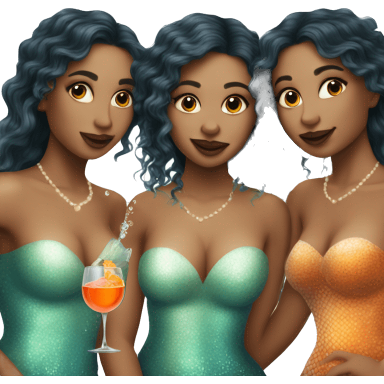 Three beautiful mermaids light skin drinking aperol emoji