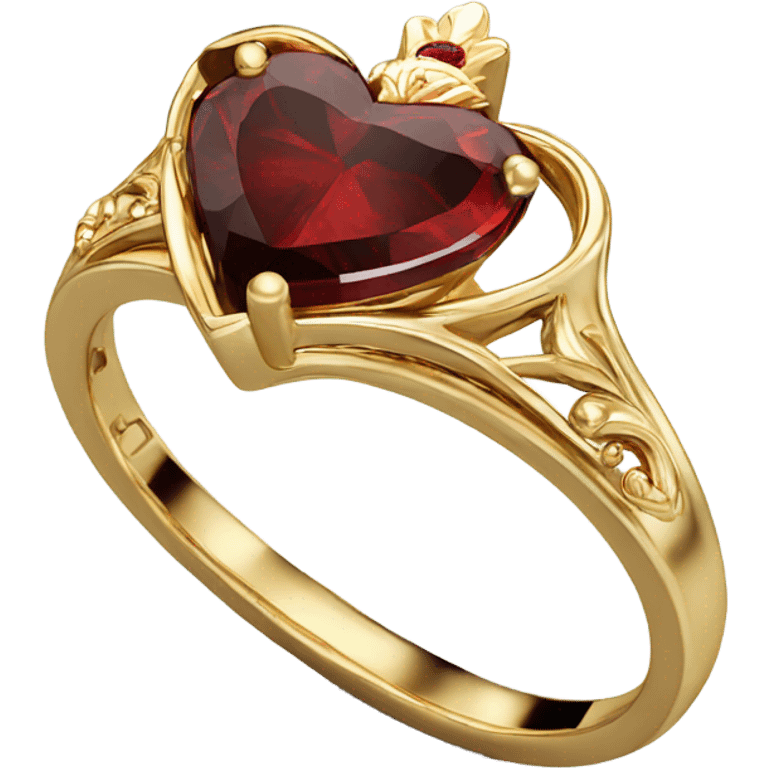 Gold tiara shaped engagement ring with heart shaped garnet stone in center emoji