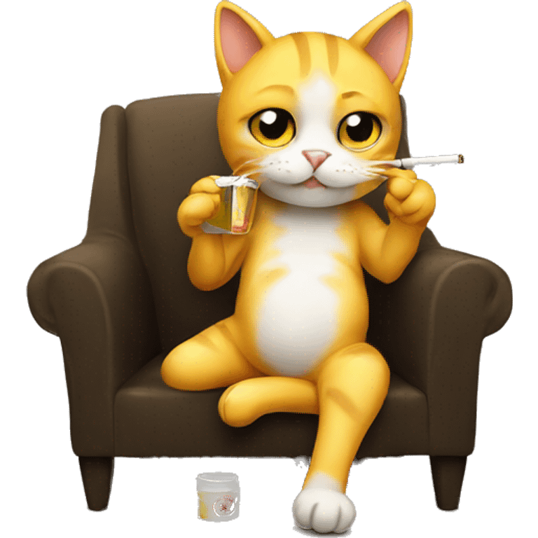 a cat drinking cigarette chibi. yellow cat black background sit on chair  emoji