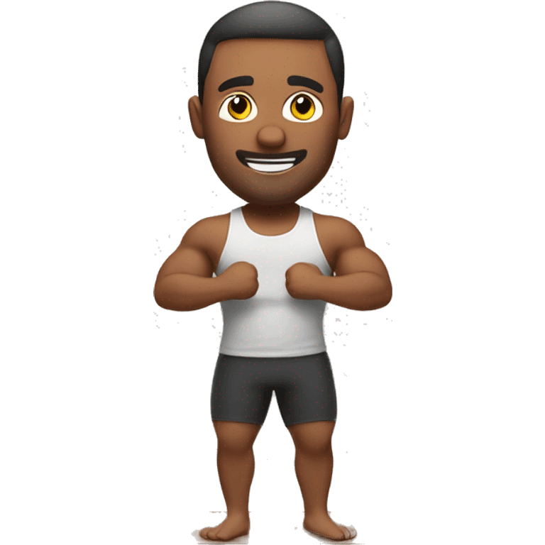 Adult man doing exercises at home. Posing for photo. Half body emoji