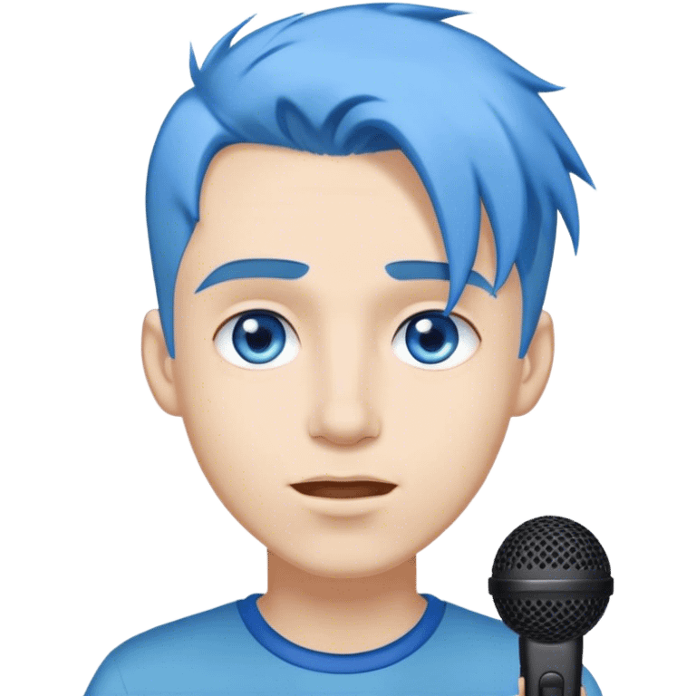 Um homem com um microfone , cabelo azul e olhos brancos  emoji