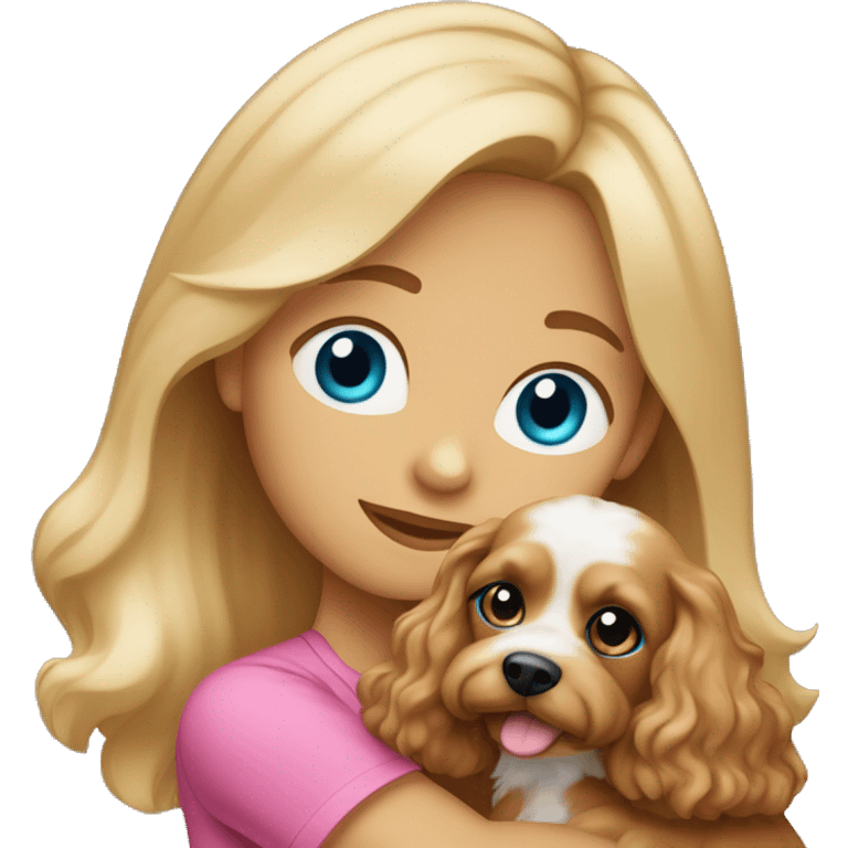 White dark blond girl with long hair and blue eyes wearing a pink shirt and hugging a cavapoo dog emoji