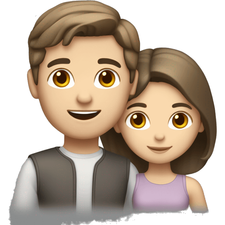 Lovely brunette couple with grey cat. Girl’s skin is light, hair brown. Boy is light skin with collected to tail brown hair emoji