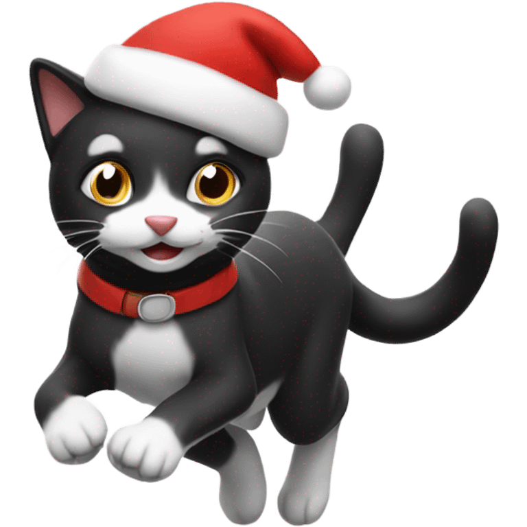 Running black and white cat wearing a Santa hat  emoji