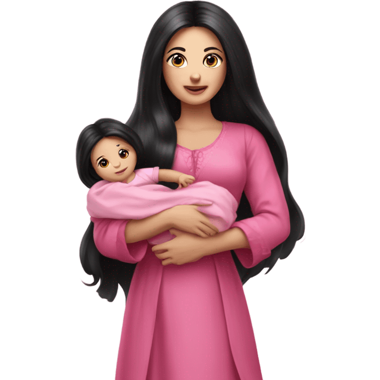 Beautiful Russian lady with very long black hair pink clothes holding baby  emoji