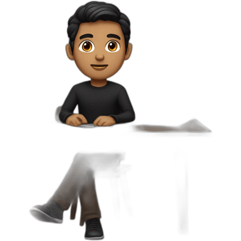     memoji of a man with a laptop in front, apple-style,modern,dark hair,black sweater,computer in hand, srilankan brown skin, sitting on his desk, dark brown eyes emoji