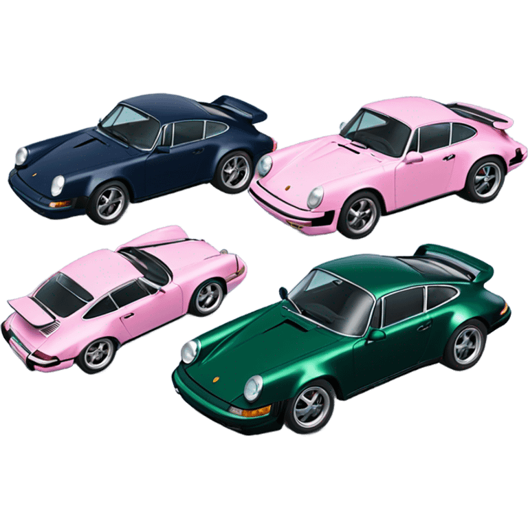 a black,dark green, 2 navy blue, light pink, another dark green Porsche 911s lined up next to each other - 6 cars emoji