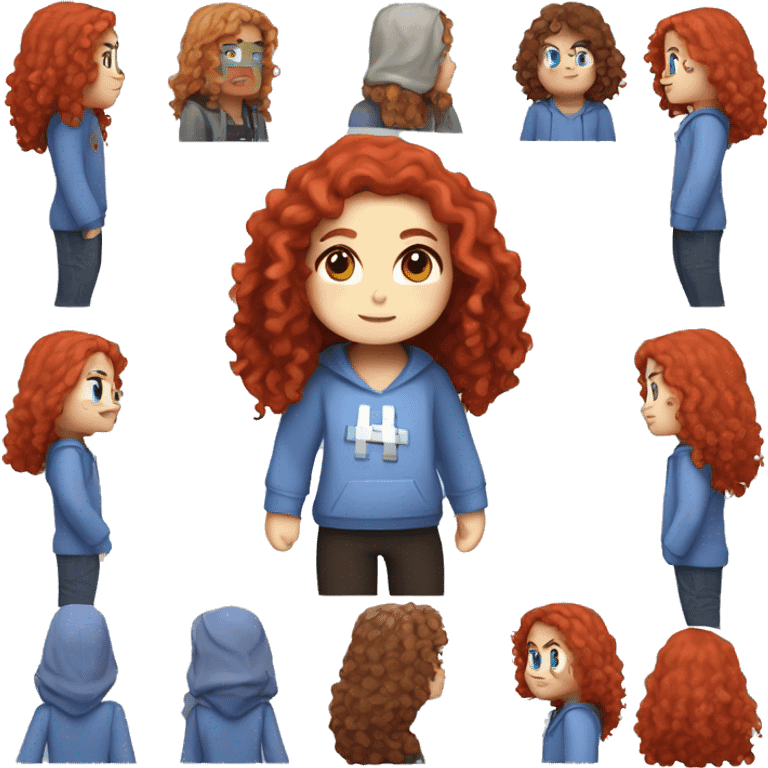 a white girl with long red curly hair, wearing periwinkle Minecraft hoodie playing a videogame emoji