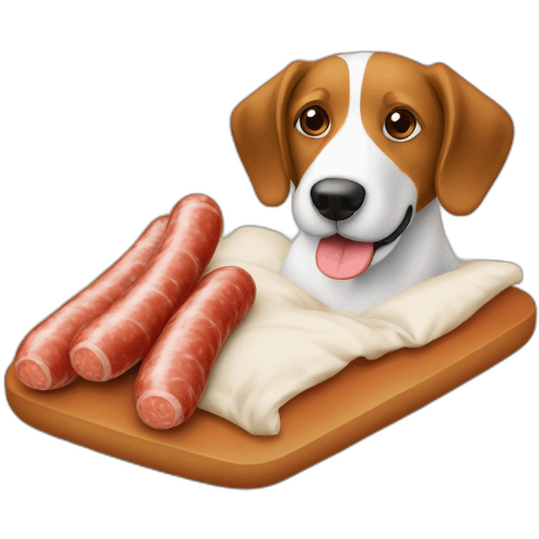 Chien saucisses qui mange une saucisse sur un lit emoji