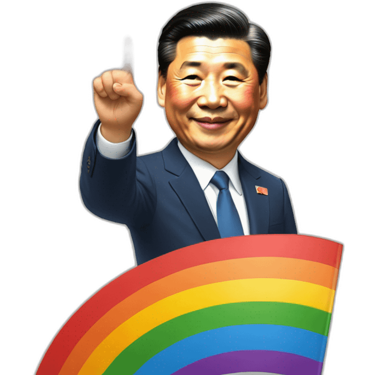 xi jinping smiling and waving rainbow flag into olympic fire emoji