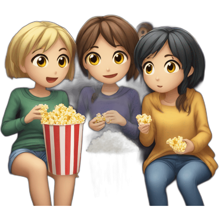 three anime girls watching movie at the cinema eating popcorn, dark background emoji