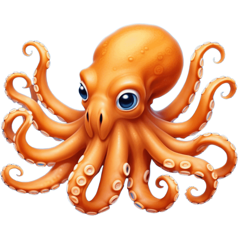 Cinematic Comical smirking Octopus Portrait Emoji, Head tilted dramatically with an exaggeratedly amused expression, featuring a rotund, light orange body festooned with bold blue rings and eight wildly expressive arms with comically animated suckers, Simplified yet hilariously expressive features, highly detailed, glowing with a slightly sassy underwater glow, high shine, dramatic yet playful, stylized with an air of quirky marine mischief, soft glowing outline, capturing the essence of a meme-worthy octopus that looks ready to squirt its way into viral fame! emoji