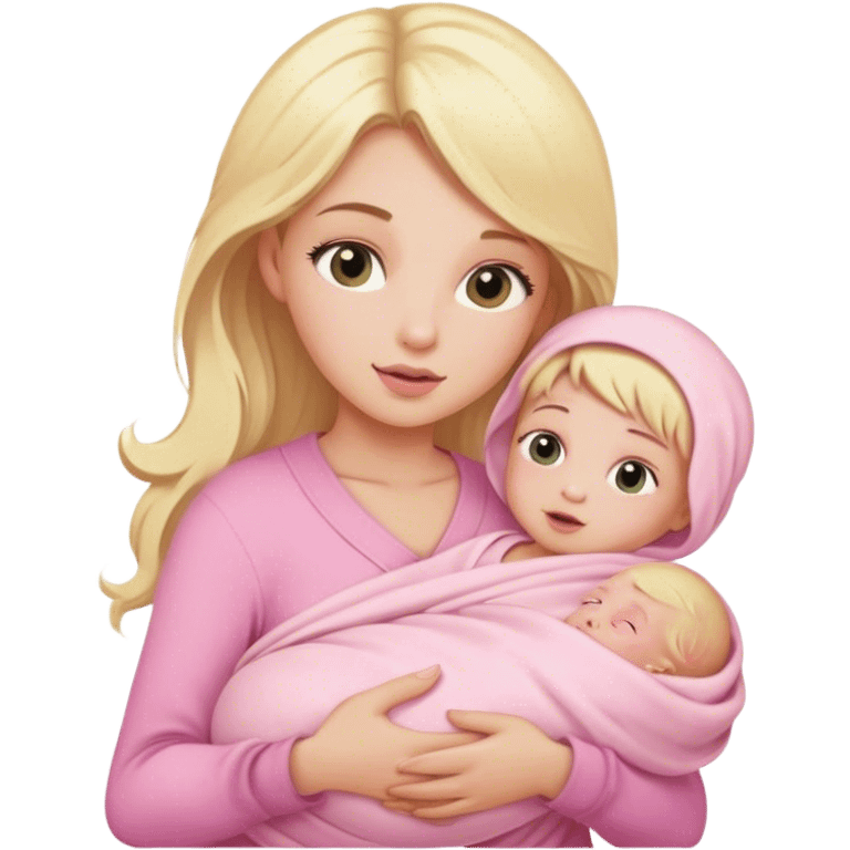 Blonde girl holding a new born baby while the baby is wrapped in pink. emoji